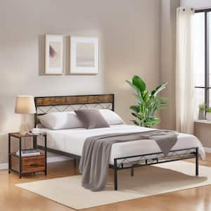 VECELO Brown Wood plus Metal Panel Queen Platform Bed Frame and Dual ...