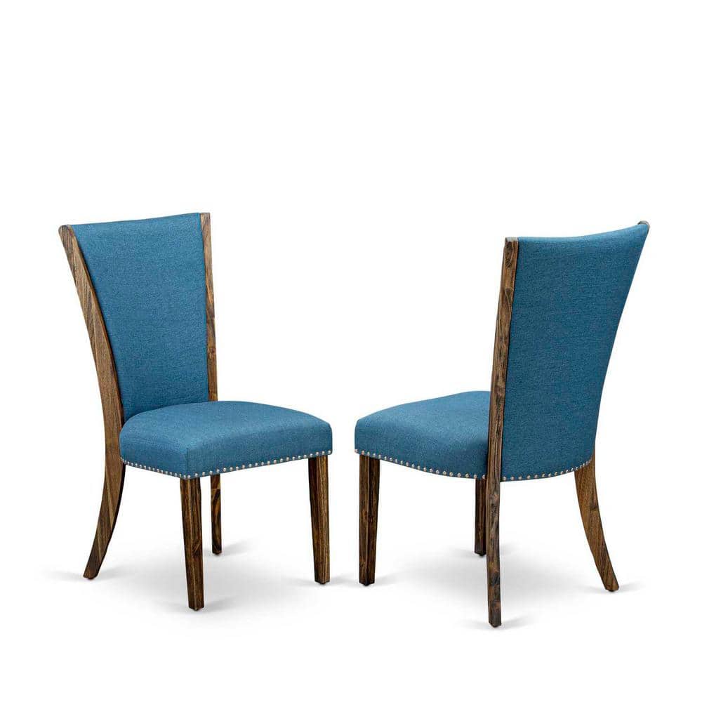 Distressed Jacobean Finish Round Dining Table with 6 Blue Linen Chairs