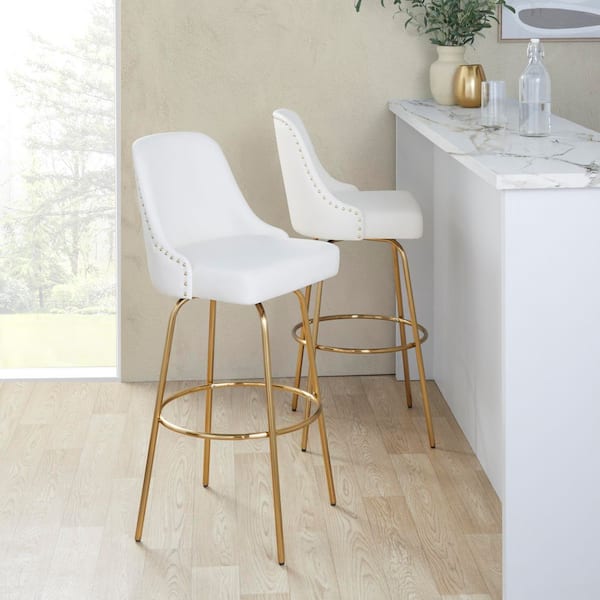 Lumisource Studded Marcel 31 in. White Faux Leather and Gold Metal Fixed-Height Barstool (Set of 2)