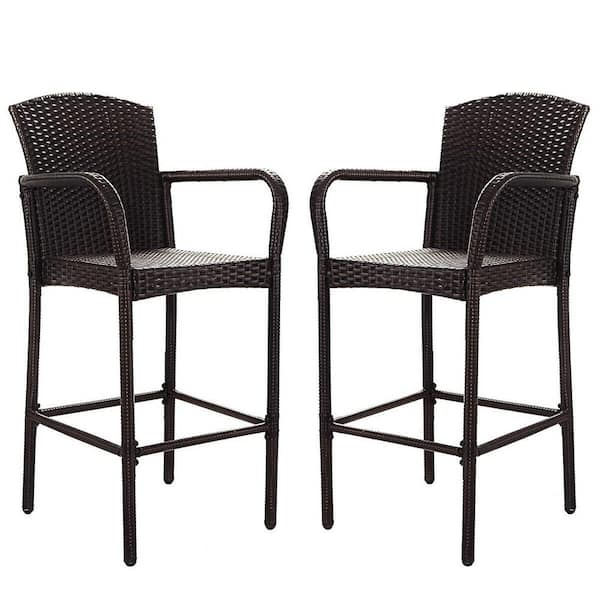Costway Rattan Wicker Outdoor Patio Bar Stool Armrest Dining High Counter Chair Furniture (2-Pack)