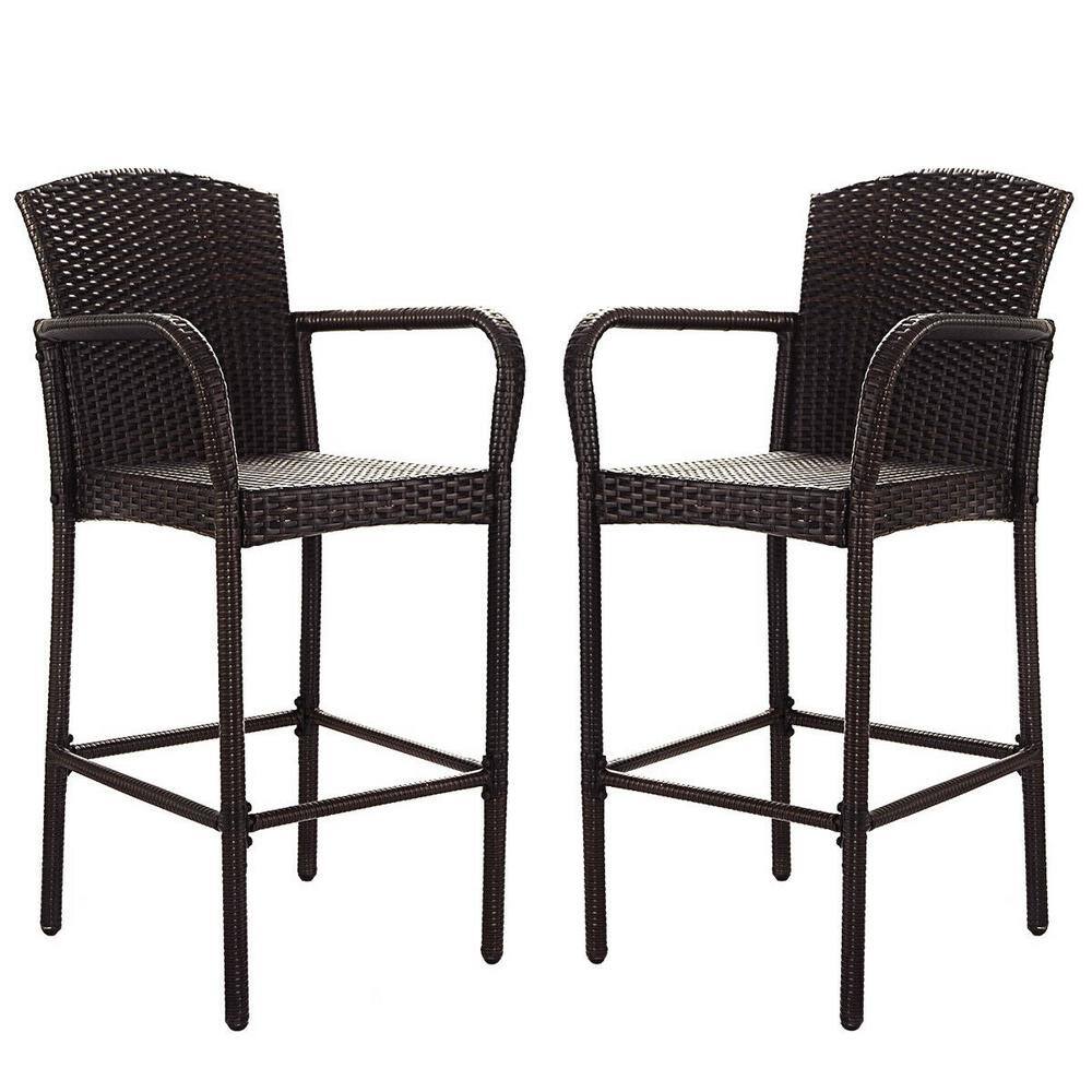 Costway Rattan Wicker Outdoor Patio Bar, High Bar Stools With Arms