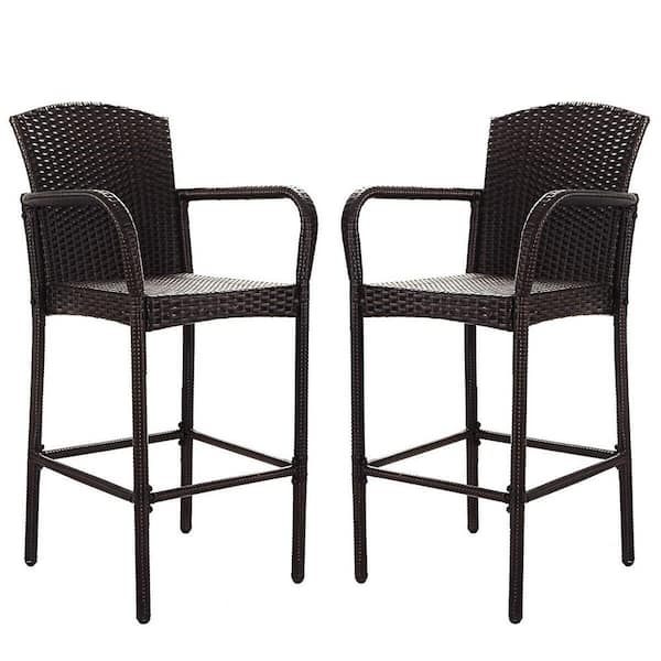 Costway Rattan Wicker Outdoor Patio Bar Stool Armrest Dining High Counter Chair Furniture (2-Pack)