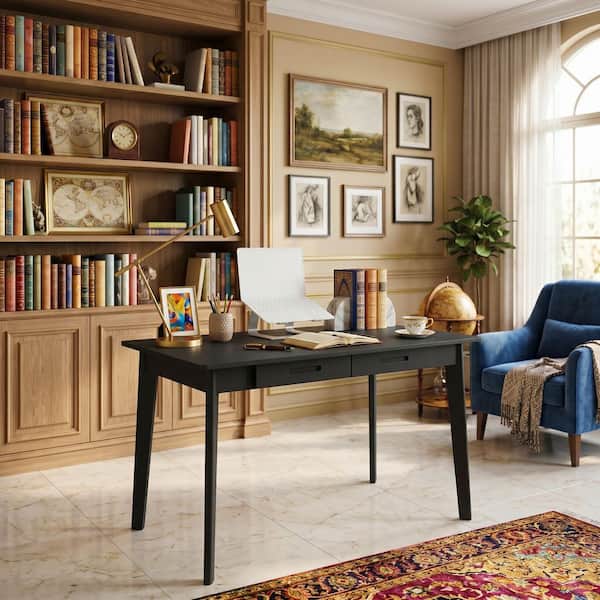 39.3 in. W-29.5 in. H Rectangular Black MDF Wood Computer Desk with 2-Drawers