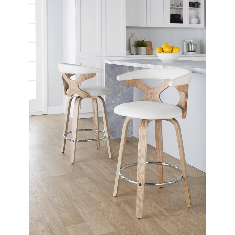 Gardenia 26" White Washed Wood Swivel Counter Stools with Chrome Footrest