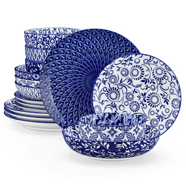 16-Piece Blue Porcelain Dinnerware Set Service for 4 Tableware with Dinner Plates Salad Plates Pasta Bowls Cereal Bowls