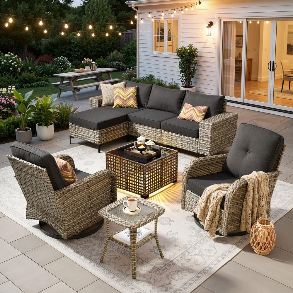 OVIOS Vineny Gray 8-Piece Wicker Patio Conversation Set with Black