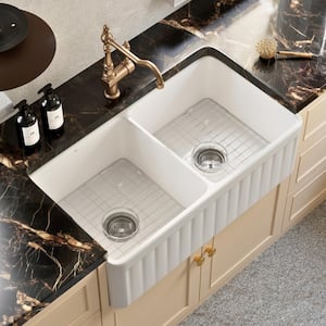 33 in. Double Bowl Farmhouse Kitchen Sink, White Reversible Fireclay Apron Sink With Custom Sink Accessories