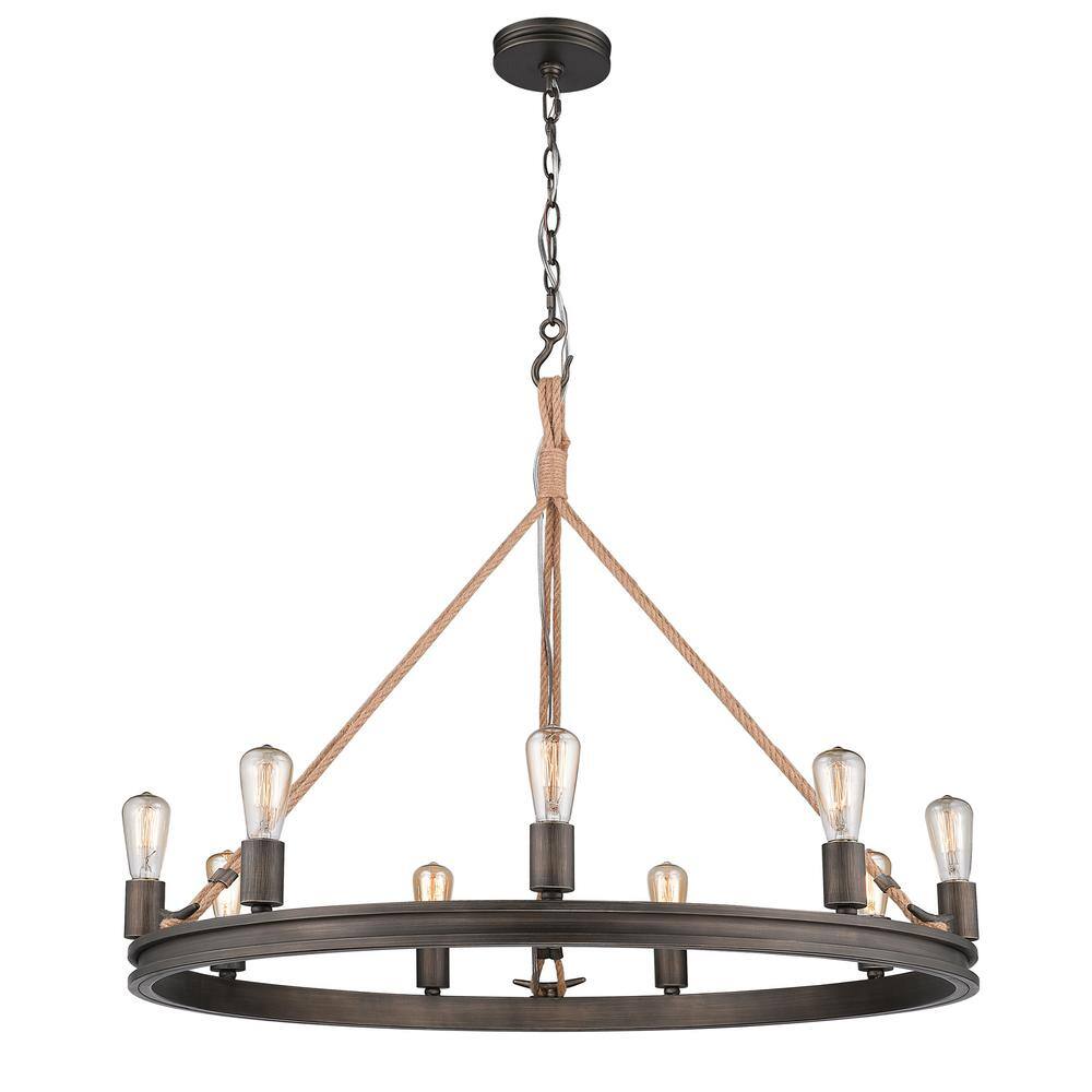 Rustic Gunmetal Bronze 9-Light Chandelier with Nautical Rope