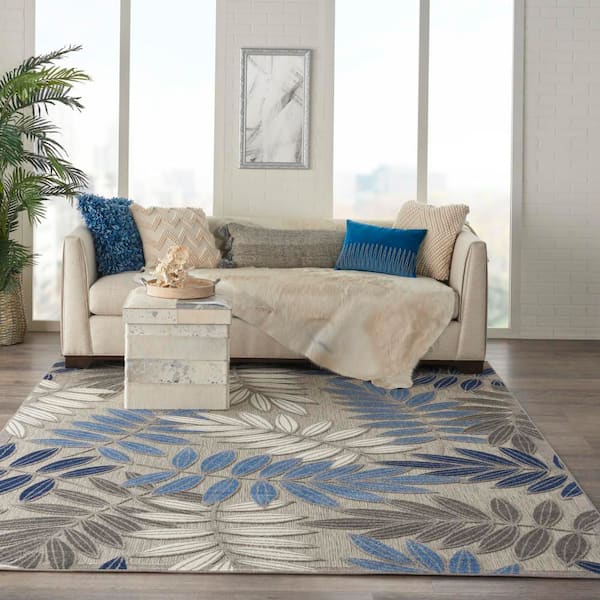 Aloha Gray/Blue 6 ft. x 9 ft. Floral Contemporary Indoor/Outdoor Patio Area Rug