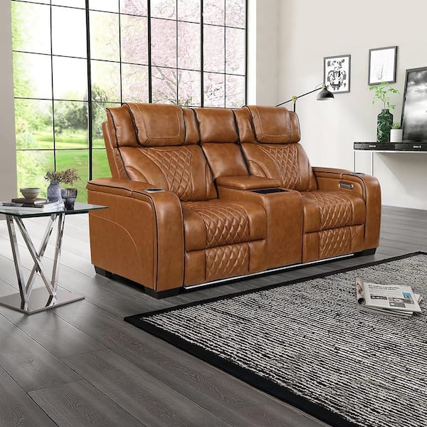 Cassian 72 in. W Brown Leather 2-Seater Power Double Reclining Love Seat with Center Console and Power Headrests