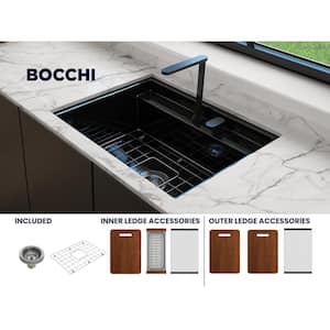 Baveno Uno Black Fireclay 27 in. Single Bowl Undermount/Drop-In 2-hole Kitchen Sink w/Integrated WS and Acc.