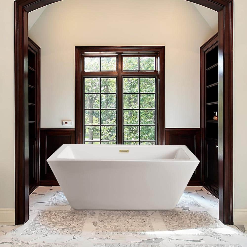 60" Glossy White Acrylic Freestanding Soaking Tub with Brushed Brass Drain