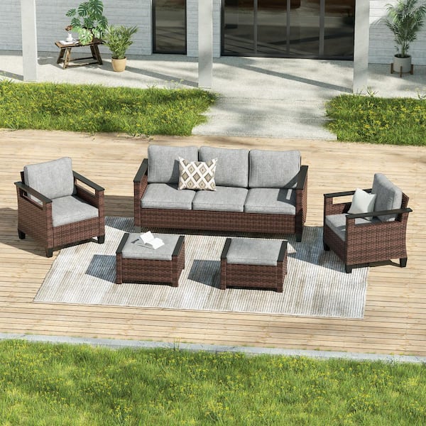 JOYESERY 5-Pieces Patio Conversation Set with Ottomans Wide Armrests Sofa Brown PE Wicker with Linen Grey Cushions
