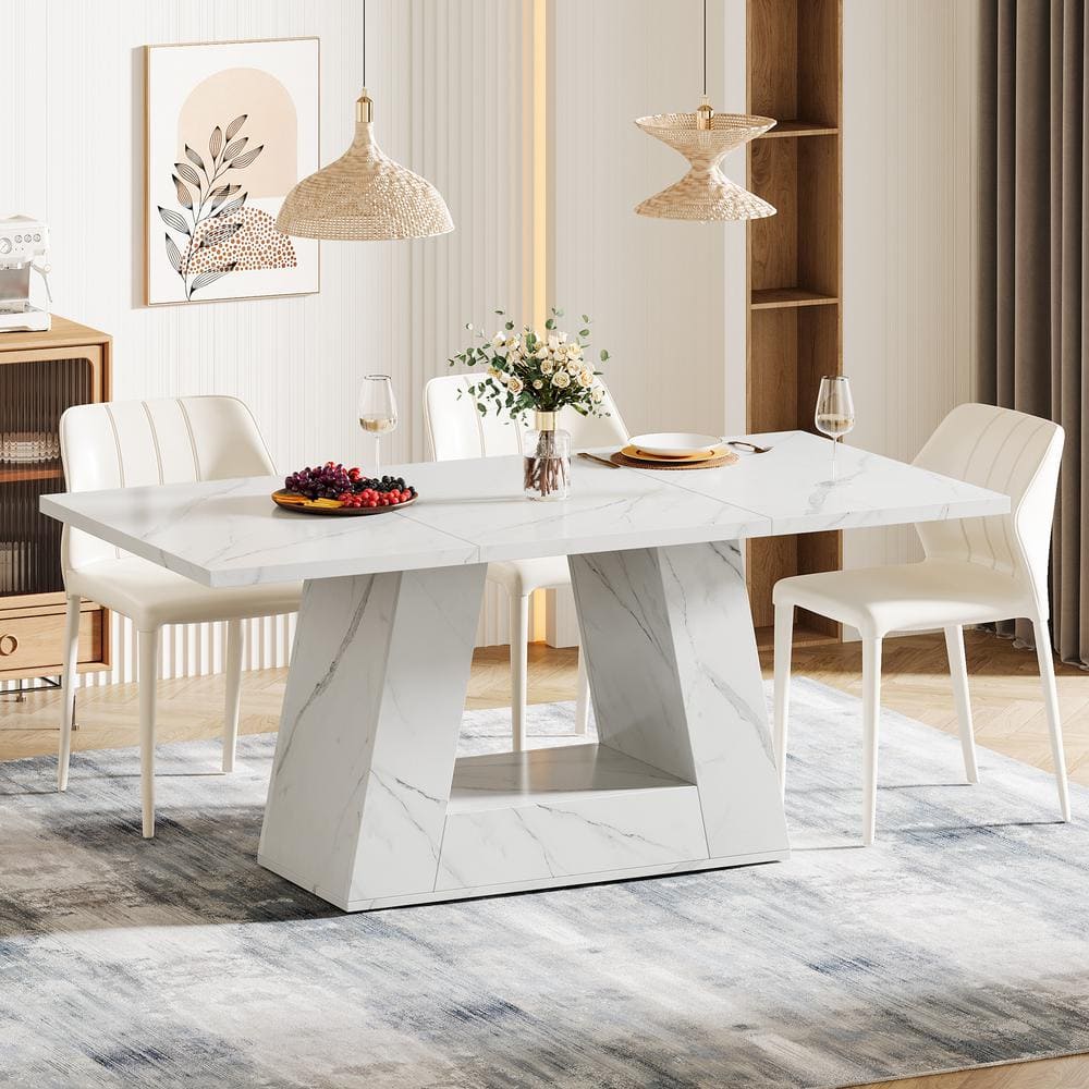 White Faux Marble Rectangular Dining Table with Trapezoidal Base