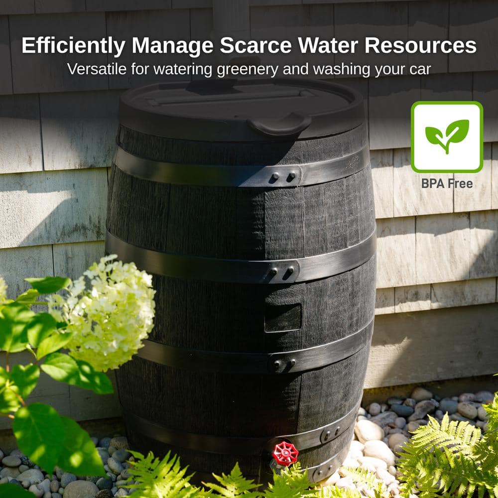 Black 55 Gallon Polyethylene Flat Back Rain Barrel with Lid