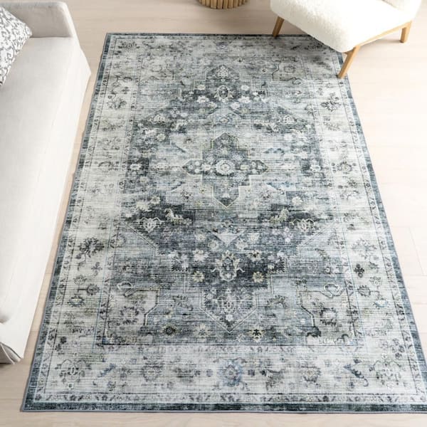 Kairi Medallion Spill Proof Washable Slate Blue 9 ft. x 12 ft. Indoor Area Rug