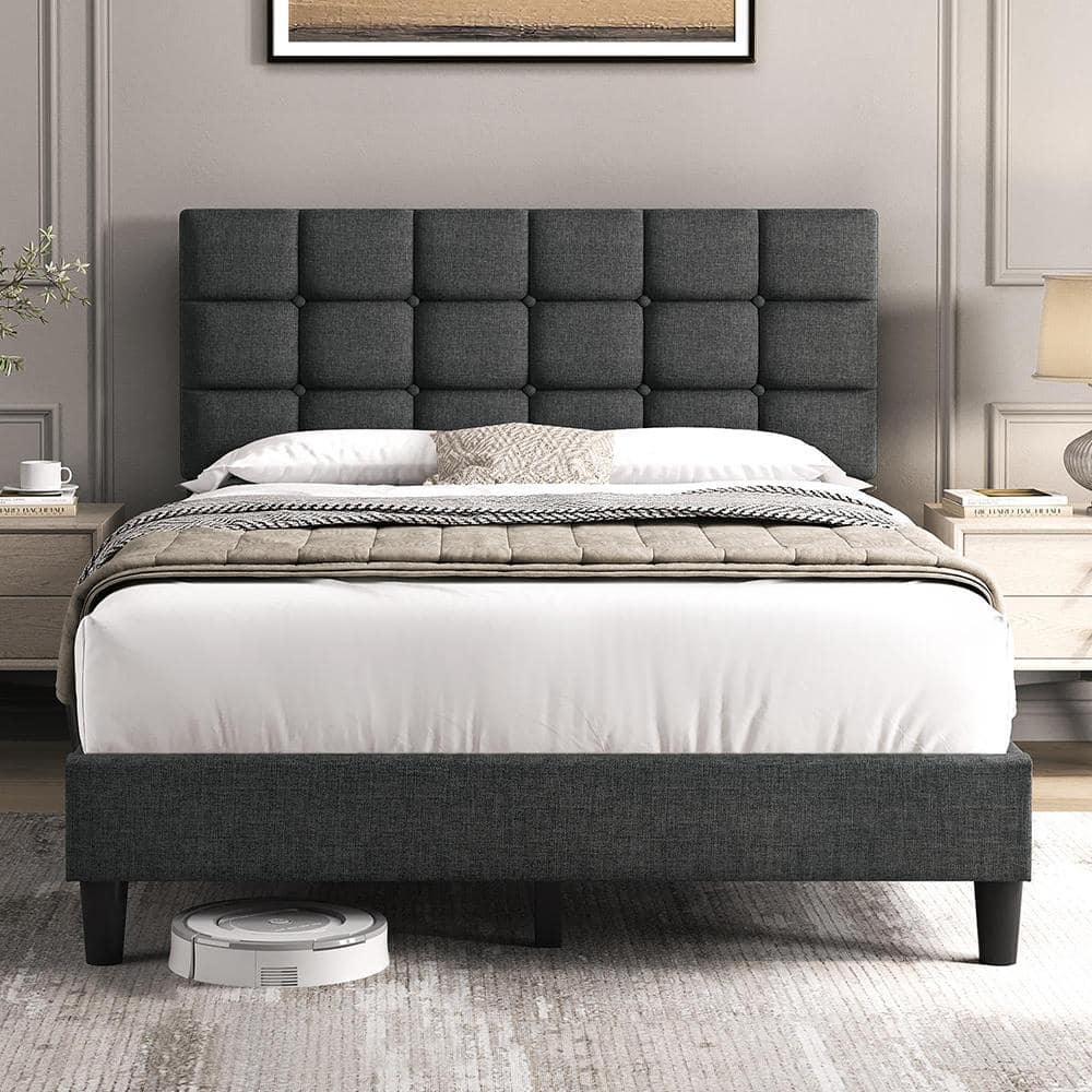 11 in. Dark Gray Wooden Full Size Platform Bed Frame with Headboard price history on PriceWatchPro