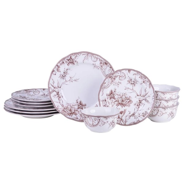 Adelaide Brown on White Porcelain 12-Pieces Dinnerware Set