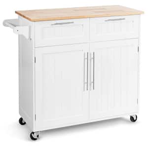 37 in. W Heavy Duty White Rolling Kitchen Cart with Butcher Block Top and Double-Drawer Storage
