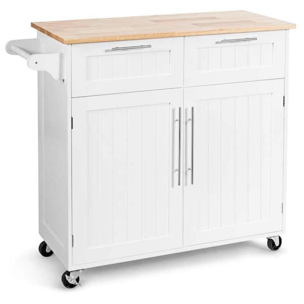 Bunpeony 37 in. W Heavy Duty White Rolling Kitchen Cart with Butcher Block Top and Double-Drawer Storage