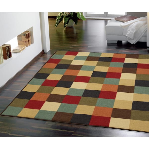Rubber Backed Area Rug, 39 X 58 inch (fits 3x5 Area), Red Grey Geometric,  Non Slip, Kitchen Rugs and Mats