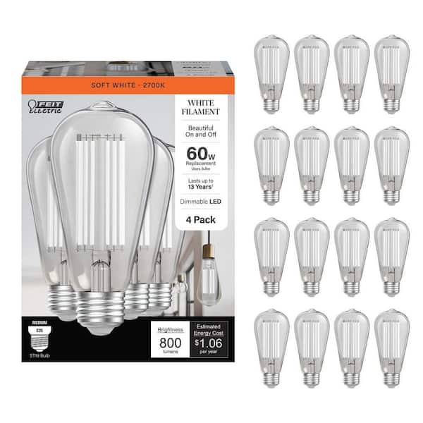 60-Watt Equivalent ST19 Dimmable White Filament Clear Glass E26 Vintage Edison LED Light Bulb Soft White 2700K (16-Pack)
