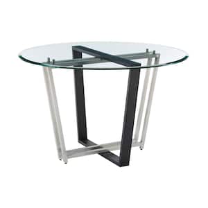 Devi Stainless Steel and Black Glass Top 48 in. Trestle Base Dining Table Seats 4