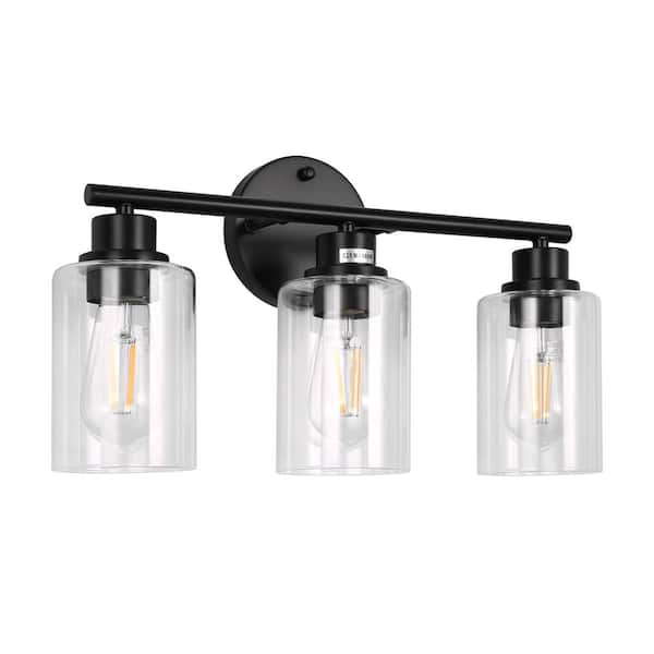 Briignite 15.7 in. 3-Light Matte Black Cylinder Modern Bathroom Vanity Light with Clear Glass Shade, Wall Lamp for Mirror