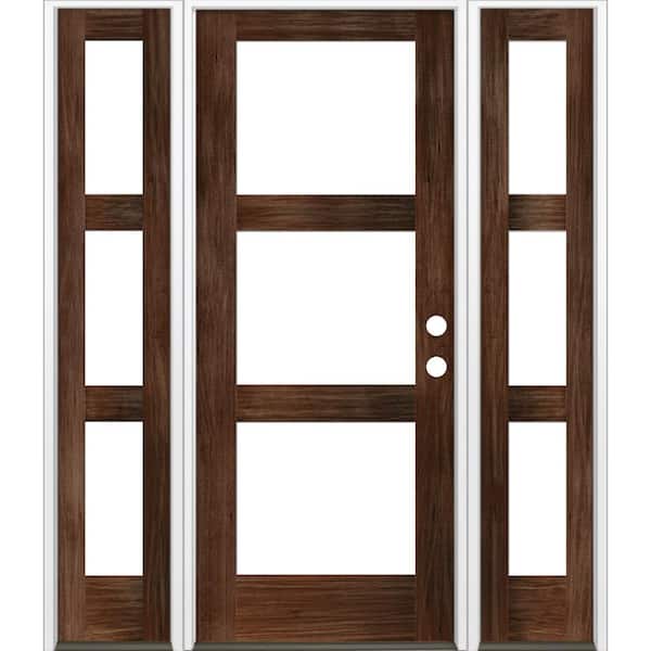 Krosswood Doors 60 in. x 80 in. Modern Hemlock Left-Hand/Inswing 3-Lite Clear Glass Red Mahogany Stain Wood Prehung Front Door with DSL