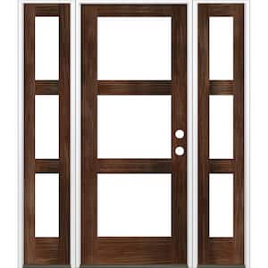 64 in. x 80 in. Modern Hemlock Left-Hand/Inswing 3-Lite Clear Glass Red Mahogany Stain Wood Prehung Front Door with DSL