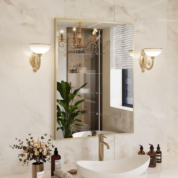 30 in. H x 22 in. W Rectangle Aluminum Alloy Framed Wall Mounted Bathroom Vanity Accent Mirror in Brushed Gold
