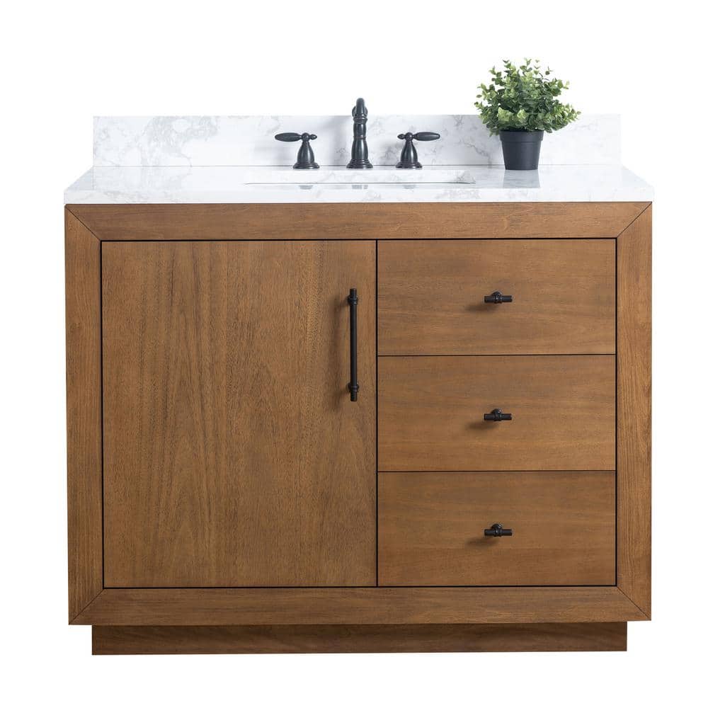 42" Tan Poplar Wood Single Bathroom Vanity with Marble Top