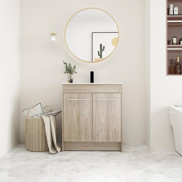 Unbranded 30 in. W x 18 in. D x 34 in. H Freestanding Bath Vanity in White Oak with White Ceramic Top