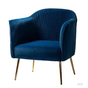 Auder Contemporary Navy Velvet Accent Barrel Chair with Ruched Design and Golden Legs