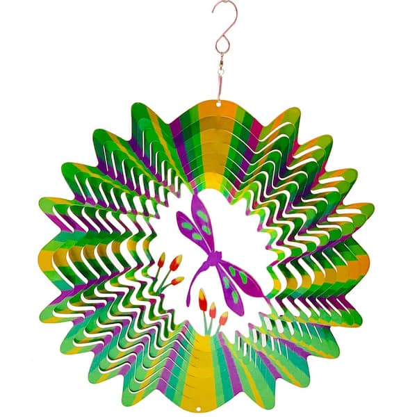 Falkirk Wind 12 in. Stainless Steel Wind Spinner Mandala Dragonfly in Purple Green Yellow