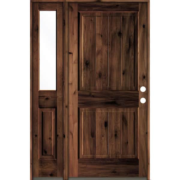 Krosswood Doors 46 in. x 80 in. Rustic Knotty Alder Left-Hand/Inswing Clear Glass Red Mahogany Stain Wood Prehung Front Door w/Sidelite