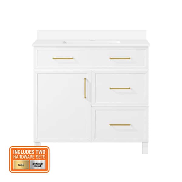 Bilston 36 in. Single Sink White Bath Vanity with White Engineered Stone Top (Assembled)