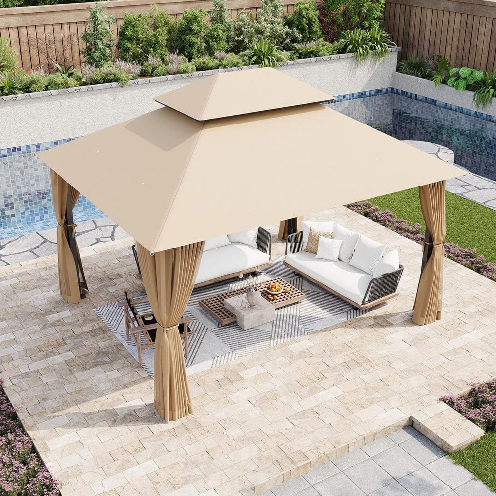 Sizzim 12 ft. x 10 ft. Beige Double Roof Polyester Soft Top Gazebo Sizzim 12 ft. x 10 ft. Beige Double Roof Polyester Soft Top Gazebo