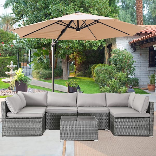 Cesicia Grey 7-Piece Wicker Patio Conversation Set with Grey Cushions