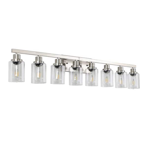 51.2 in. 8 Light Brushed Nickel Bathroom Vanity Light with Clear Cylinder Glass Shade