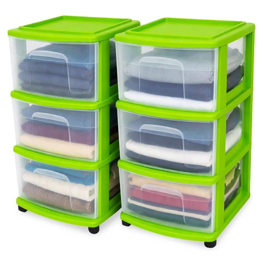 HOMZ 3 Drawer Medium Storage Container Tower, Clear Drawers/Lime