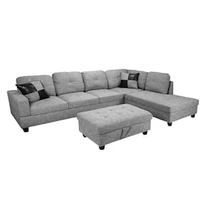 3-Piece Light Gray Linen 4-Seater L-Shaped Right-Facing Chaise Sectional Sofa with Ottoman