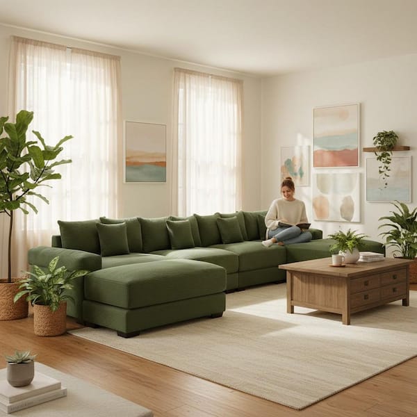 WHXYDS 167.6 in. Straight Arm 6-Piece Corduroy Modular Sectional Sofa with Ottoman and Ergonomic Design in Olive Green