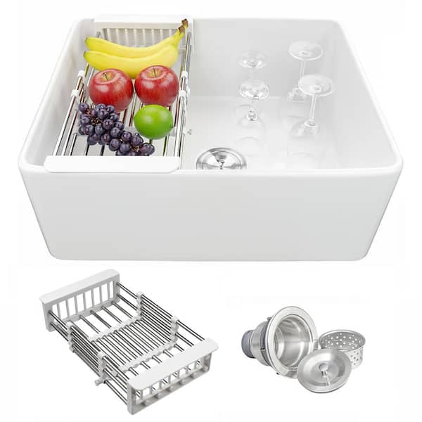 White Fireclay 24 in. Single Bowl Apron-Front Kitchen Sink with Basket Strainer