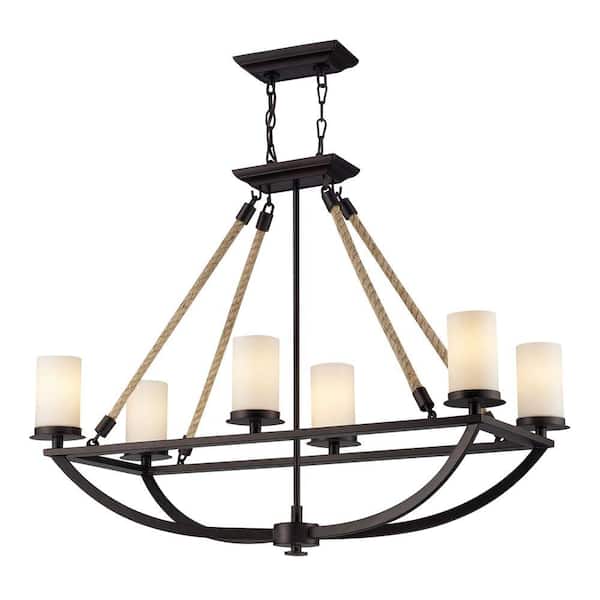 Titan Lighting Natural Rope 6-Light Aged Bronze Chandelier With White Candle-Glass Shades