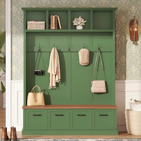 Green Farmhouse All-in-One Hall Tree with 6 Hooks, Storage Bench, Open Shelves and Enclosed Shoe Cabinets