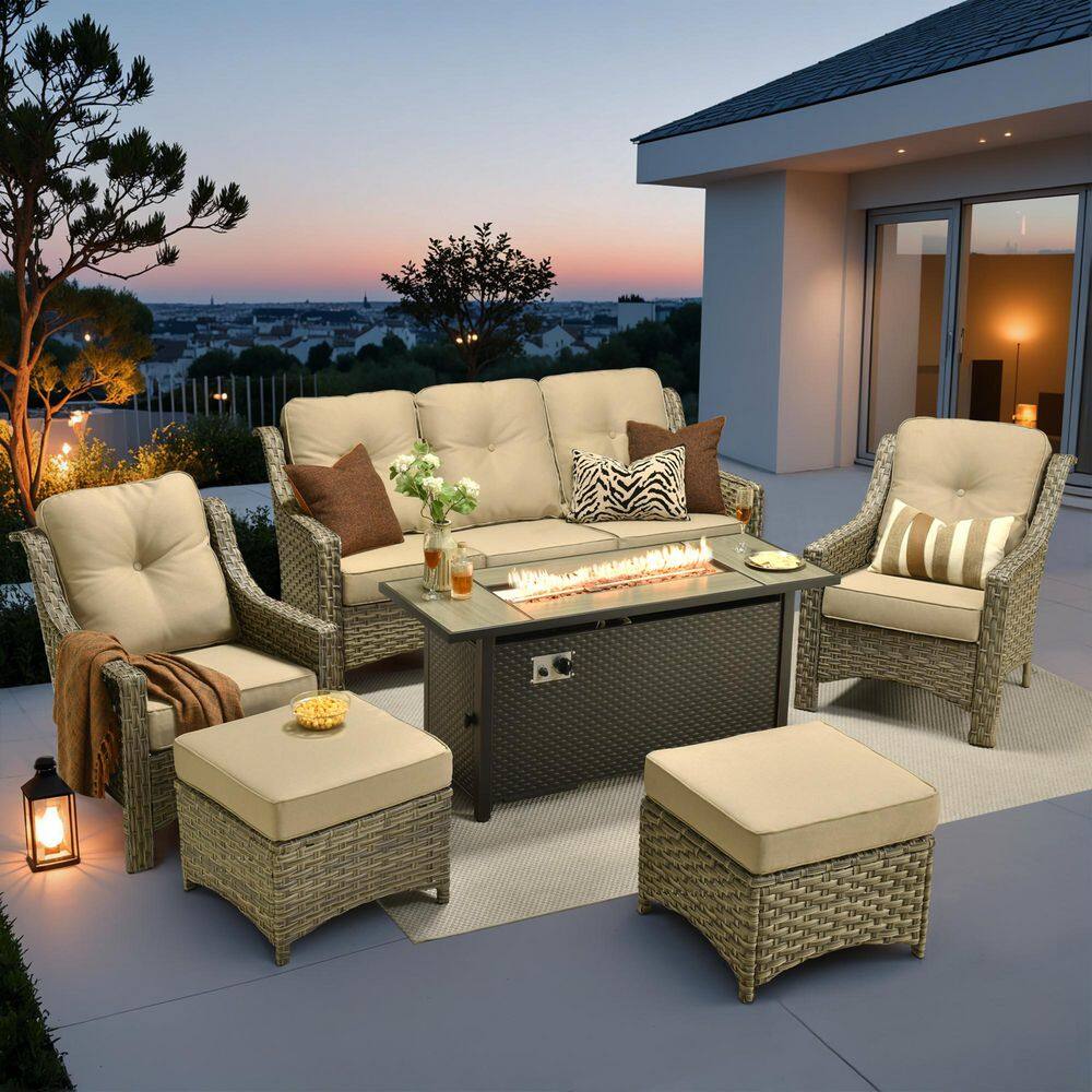 Eureka 6-Piece Wicker Outdoor Fire Pit Patio Conversation Sofa Seating Set with Beige Cushions price history on PriceWatchPro