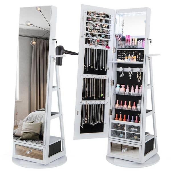 22 in. x 64.5 in. White 360° Swivel Freestanding MDF Jewelry Box Storage Organizer Armoire with Mirror and Lights