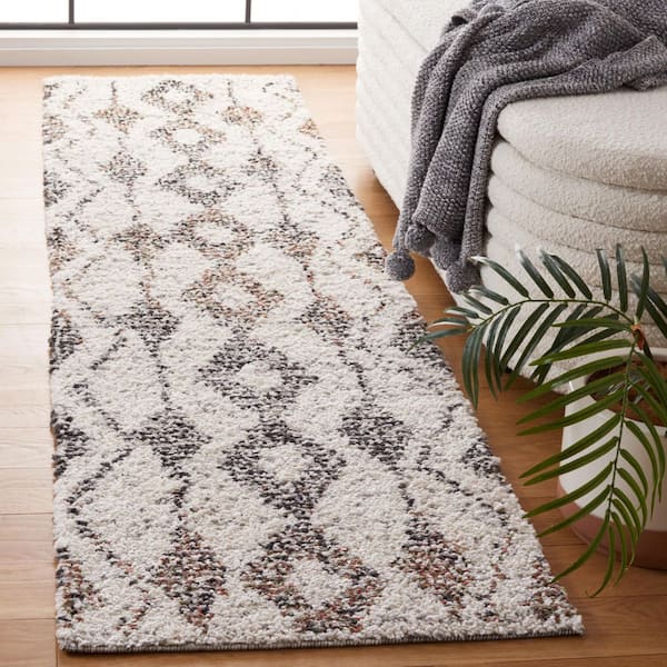 Jericho Shag 2 ft. x 8 ft. Ivory/Black Diamond Abstract Runner Rug