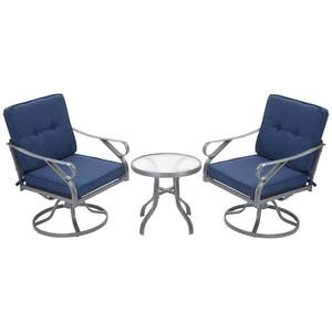 3-Piece Metal Outdoor Bistro Set, 2 Swivel Rocker Chairs and 1 Round Tempered Glass Table with Blue Cushions